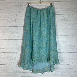 Y2K Worthington Hi-lo Skirt Teal Paisley Elastic Waist Flare Ruffle Hem 16W